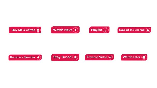 Video platform interactive flat buttons with click animation pack. Watch and content navigation controls. Support creator. Minimal UI elements animated press effect. CTA video overlay collection
