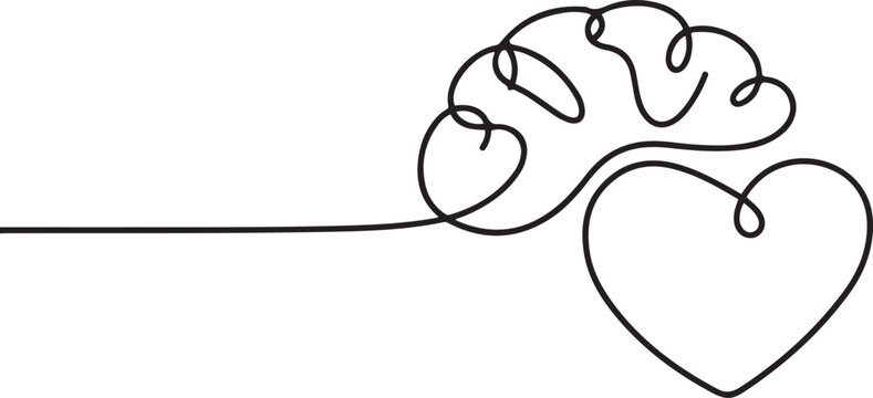 One line drawing of half of a human brain and a human heart. Vector illustration, One continuous line drawing of human brain and love heart shape logo icon. one line icon drawing vector
