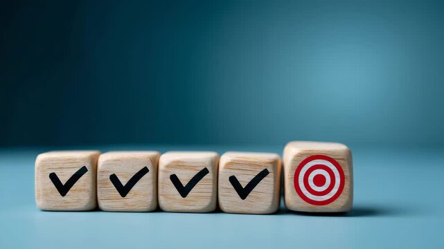 Business goal process with wooden blocks, checklist steps and final target, strategic planning, task completion, progress tracking, realistic minimalist blue background business