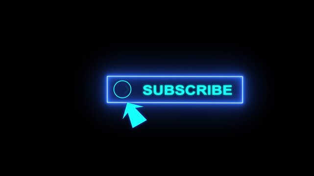 Glowing neon blue color white text cursor animation pointing towards subscribe button in looping with transparent background.