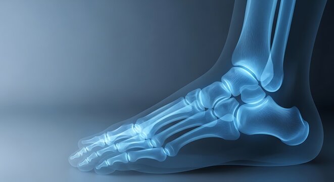 Medical Illustration of Human Foot Bones in a Glowing Blue X-Ray View.