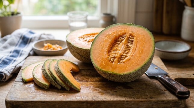Fresh cantaloupe melon halved and sliced on a rustic wooden cutting board in a sunlit kitchen.