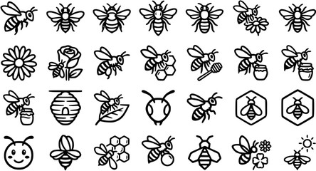 Nature and Beekeeping Black  White Line Art Icons Set. Outline Glyph Pictograms of Bees, Honey, Hives, and Flowers for Ecology, Food, and Agricultural Themes. © victoria