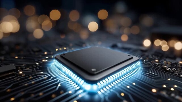 Glowing microchip on circuit board, futuristic semiconductor technology, blue processor core, electronic components, data processing hardware, realistic macro tech scene