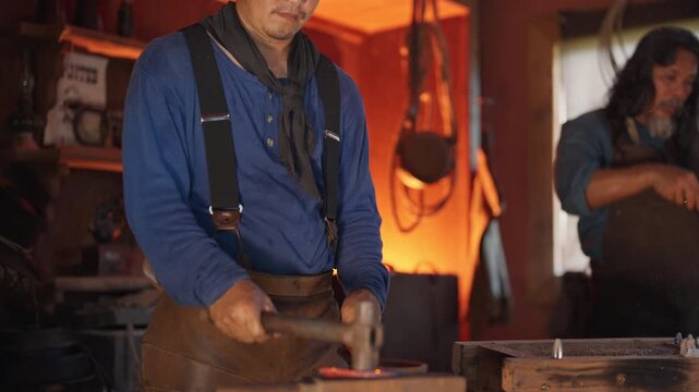 Cowboy man use hammer to hit and produce horseshoe in smithy room and senior man also prepare metal and other components and also use charcoal stove beside man.