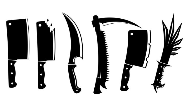 Collection of Silhouetted Scary Weapons and Knives for Halloween or Horror Themes