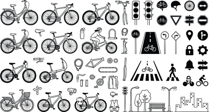 Comprehensive Bicycle and Cycling Icon Set with Bike Parts Traffic Signs and Urban Mobility Symbols