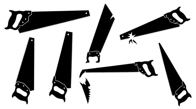 Collection of Silhouetted Hand Saws with Various Designs and Damage on White Background