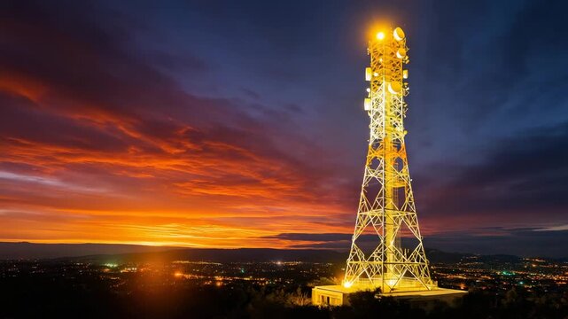 Telecommunication tower at sunset, mobile network antenna, 5G infrastructure, wireless communication mast, colorful sky, realistic technology landscape telecommunication tower