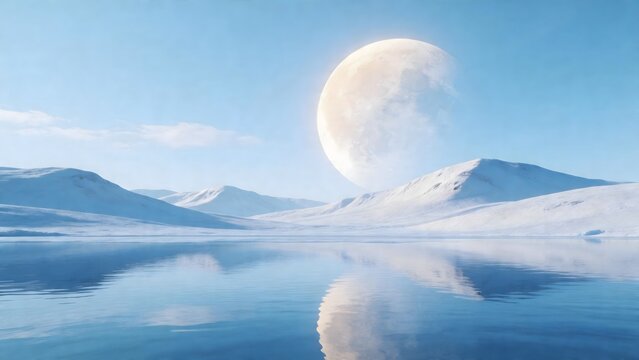 Snowy mountain landscape with large moon