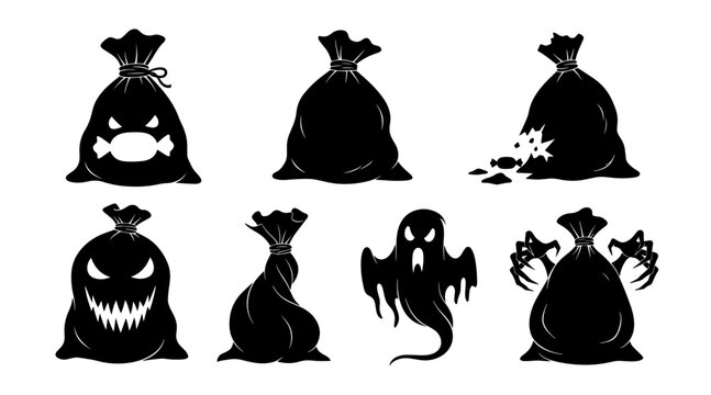 Halloween spooky black silhouettes of candy bags and ghost on white background.