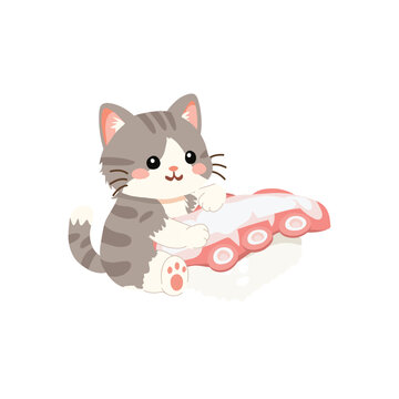 Grey tabby kitten with tako sushi. Cute kawaii cat hugs octopus nigiri sushi