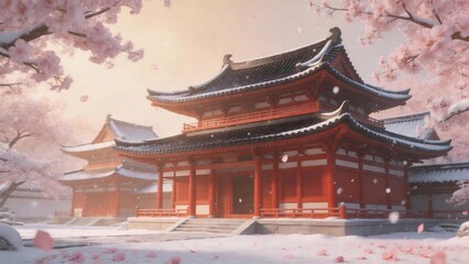 Fototapeta premium Snowy temple with cherry blossoms