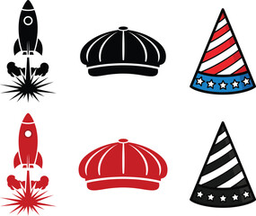Fototapeta premium Independence day celebration icons with patriotic hats and rockets