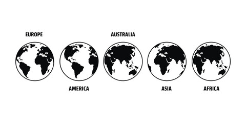 Obraz premium Globe illustration vector set of five continents Europe America Australia Asia Africa black world map silhouette bundle concept design.