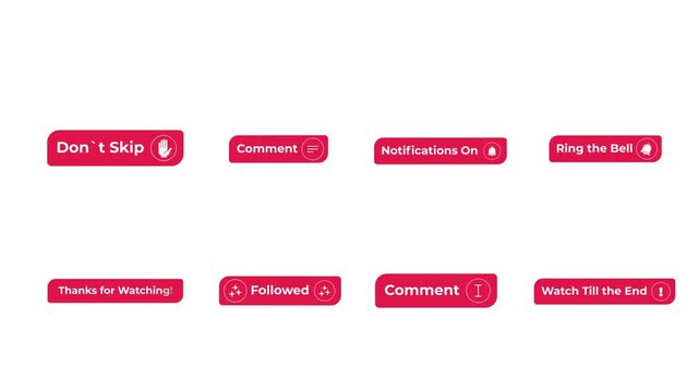 Engagement call to action interactive flat buttons with click animation pack. Comment follow notifications. Thanks for watching. Minimal UI elements animated press effect. CTA video overlay collection