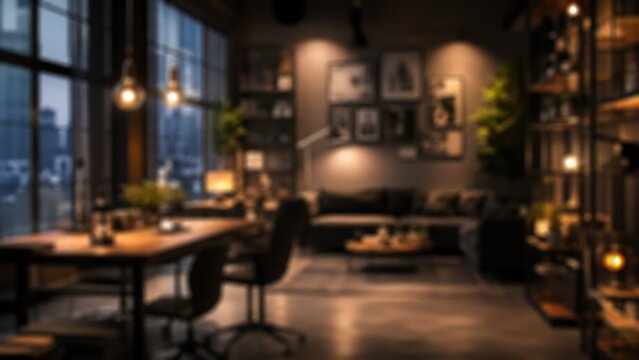 Blurred luxury apartment living room interior night city view loft workspace modern furniture home office background