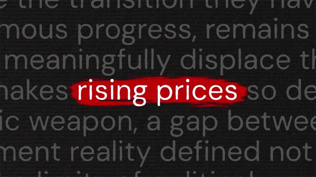 Rising prices in highlighted words in a articles paragraph with documentary style text animation for news and reporting