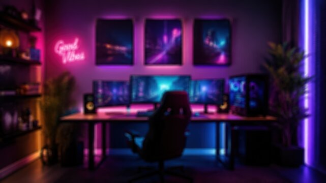 Gaming room PC setup RGB lighting monitors computer station desk workspace bokeh blur technology background home office workstation