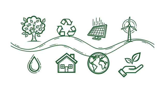 Eco-Friendly World: A hand-drawn illustration of environmental icons, depicting a harmonious blend of nature and sustainability, symbolizes a commitment to a greener future.