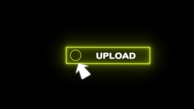Glowing neon red color white text cursor animation pointing towards upload button in looping with transparent background.