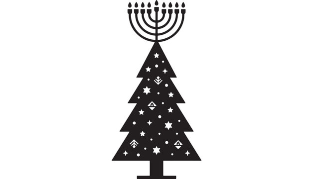 Christmas tree icon with menorah top and glowing star decorations, black silhouette style for holiday branding and cards
