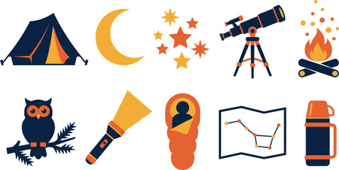 Night camping and stargazing vector icons with glowing tent telescope flashlight moon and constellation map isolated flat outdoor illustration set  © Madhuka Disanayaka