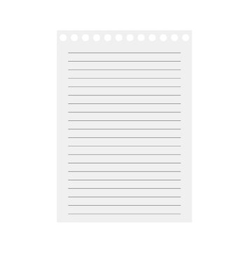 Blank lined notebook paper sheet isolated on transparent background. Clean white lined page with binder holes, Writing Template, Sheet mockup for note taking, school design elements, PNG