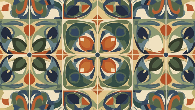 Vintage Geometric Pattern Tile: Retro Floral Design, Earthy Colors, Seamless Background