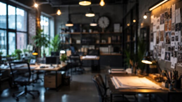 Blurred modern industrial office workspace creative agency interior design loft studio coworking space desks chairs lighting background