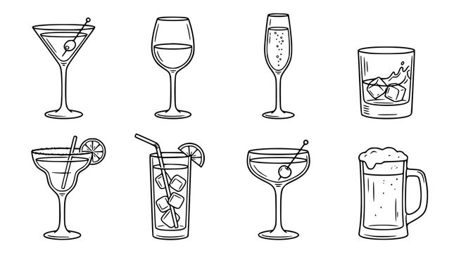 Cocktail glasses and drinkware set vector illustration with transparent background bar collection