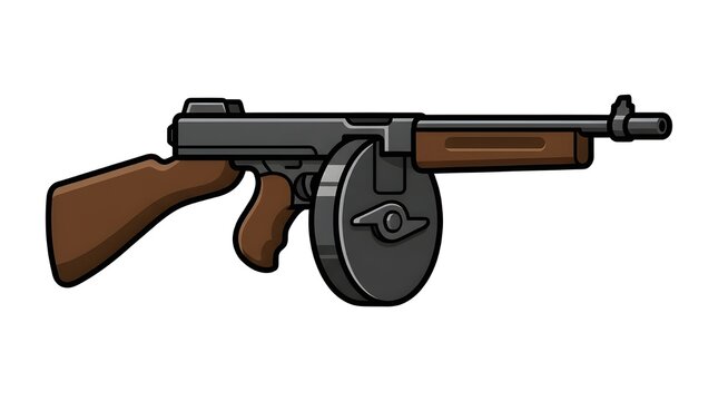 A flat vector illustration of a classic submachine gun with a drum magazine and wooden stock, reminiscent of early 20th-century tactical weapons.
