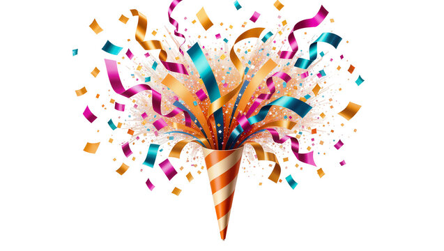 Party popper exploding with colorful ribbons and confetti, isolated on transparent background