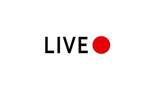 Recording button icon animation with blinking Live text animation on white background. 4k animation