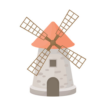 Vector illustration of a traditional stone mill isolated on white background. Rustic medieval grain grinder with natural rock texture, old flour milling equipment in flat cartoon style.