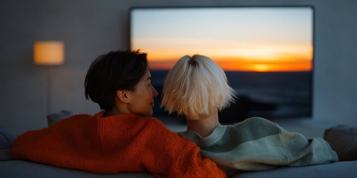 Two women sitting close watching sunset on television in living room