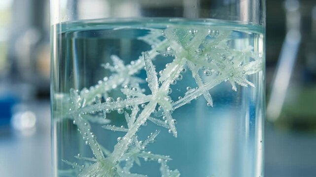 Crystal plant stem carbon capture chemistry green water laboratory crystalized plant specimen clear solution showing delicate crystalline branches