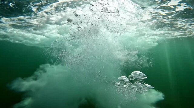 Underwater scene with bubbling water and sunlight.
