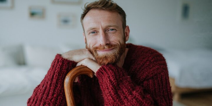 Bearded man resting chin on folded hands in living room