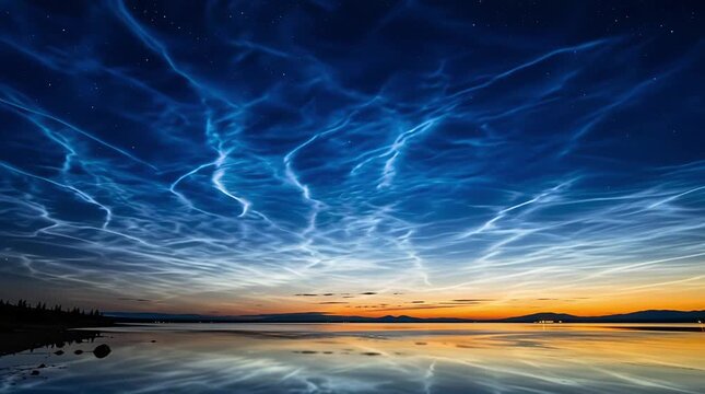 Tranquil Scenery with Noctilucent Clouds over Water at Sunset