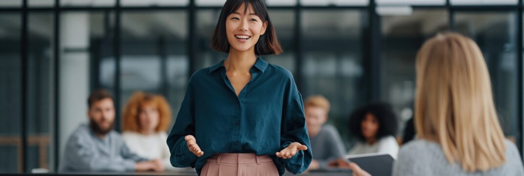 Young woman presenting to colleagues in corporate meeting room