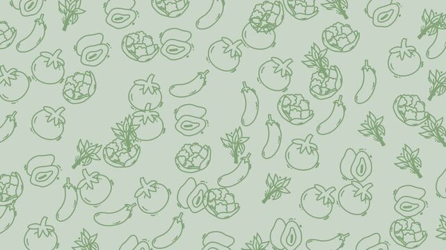 Vegetable doodle pattern with vibrant handdrawn fruits and vegetables. Ideal for food packaging, kitchen decor, fabric prints, and stationery.