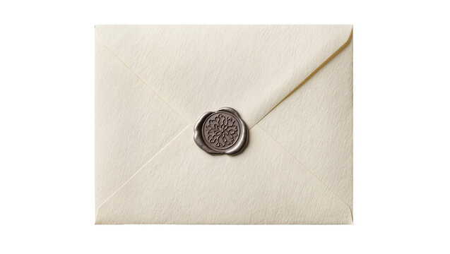 Cream textured envelope sealed with ornate silver wax stamp, isolated on transparent background