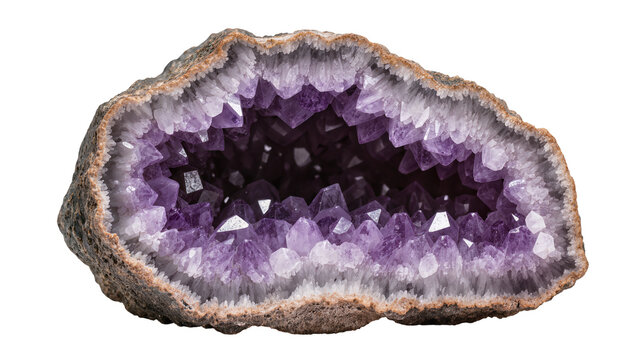 Rough amethyst geode with sparkling purple crystals, isolated on transparent background