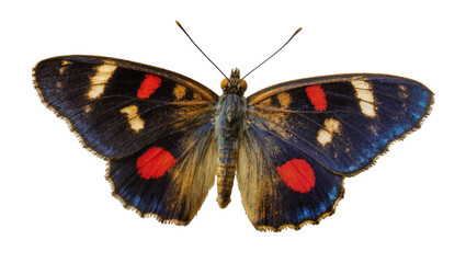 Detailed butterfly with black blue red and white markings, isolated on transparent background © Sean
