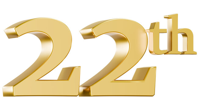 Shiny metallic gold 22th number 3D render