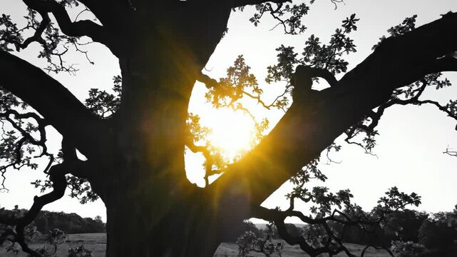 Silhouette of a majestic oak tree with sun rays bursting through branches. Black and white nature landscape.