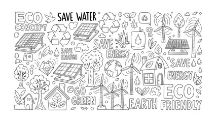 Naklejka premium Eco-Friendly Scribbles: An artistic hand-drawn composition centered on promoting eco-consciousness. it showcases a fusion of natural elements and innovative green energy solutions.