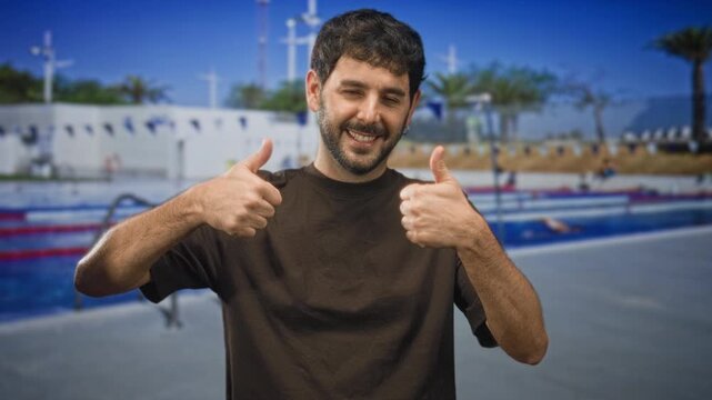 Smiling young hispanic bearded man gives two thumbs up by an outdoor pool in front of a building; confidence joy.