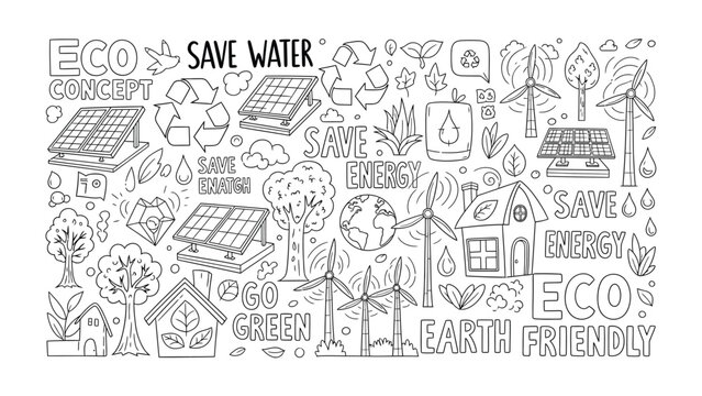 Eco-Friendly Scribbles: An artistic hand-drawn composition centered on promoting eco-consciousness. it showcases a fusion of natural elements and innovative green energy solutions.